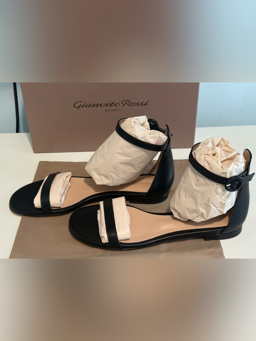 Gianvito Rossi Black Leather Ankle Strap Flat Sandals 38.5 NIB - Picture 2 of 5